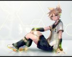  1boy arm_warmers bass_clef belt black_collar black_legwear blonde_hair blue_eyes collar commentary ei_flow english_commentary expressionless full_body hand_on_own_knee headphones hexagon holographic_interface kagamine_len kagamine_len_(vocaloid4) leg_warmers looking_at_viewer male_focus necktie parted_lips sailor_collar school_uniform shirt shoes short_hair short_ponytail short_sleeves shorts sitting solo spiky_hair vocaloid white_shirt yellow_neckwear 