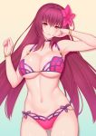  1girl bikini bracelet breasts choker eyebrows_visible_through_hair fate/grand_order fate_(series) flower gradient gradient_background hair_flower hair_intakes hair_ornament hibiscus jewelry large_breasts lintanghaseo lipstick looking_at_viewer makeup nail_polish navel pink_bikini purple_bikini purple_hair red_eyes scathach_(fate)_(all) scathach_(swimsuit_assassin)_(fate) smile solo swimsuit 