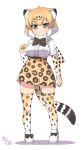  1girl animal_ear_fluff animal_ears bangs belt black_bow black_neckwear blonde_hair bow bow_footwear bowtie breasts brown_eyes center_frills dated elbow_gloves eyebrows_visible_through_hair full_body fur_collar gloves gradient_hair hand_up high-waist_skirt highres jaguar_(kemono_friends) jaguar_ears jaguar_print jaguar_tail kemono_friends large_breasts looking_at_viewer multicolored_hair pleated_skirt print_gloves print_legwear print_skirt ransusan shirt shoes short_hair short_sleeves simple_background skirt smile solo standing tail thigh-highs white_background white_footwear white_hair white_shirt zettai_ryouiki 