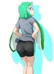  1girl :o ass bangs bike_shorts black_shorts blunt_bangs commentary domino_mask from_behind green_hair grey_shirt hand_on_hip highres inkling kneepits light_blush long_hair looking_at_viewer looking_back mask parted_lips pointy_ears shirt short_sleeves shorts silhouette simple_background single_vertical_stripe solo splatoon_(series) standing t-shirt tentacle_hair toraneko555 violet_eyes white_background 