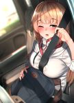  1girl ;o aqua_eyes backpack bag blonde_hair blurry blush breasts buttons collared_shirt commentary_request day depth_of_field drawstring dress_shirt grey_hoodie hand_up highres hood hood_down hoodie large_breasts long_hair looking_at_viewer one_eye_closed open_mouth original rerrere school_uniform seatbelt shirt sitting solo tearing_up vehicle_interior white_shirt 