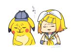  &gt;_&lt; 1girl 1other animal blonde_hair cabbie_hat closed_eyes creatures_(company) crossover crypton_future_media detached_sleeves detective_pikachu_(movie) detective_pikachu_(series) frown game_freak gen_1_pokemon girl hair_ornament hair_ribbon hairclip hat human kagamine_rin mouse nintendo nokuhashi pikachu pokemon pokemon_(creature) ribbon sailor_collar shirt short_hair simple_background sleeveless sleeveless_shirt super_smash_bros. translated twitter_username upper_body vocaloid warner_bros white_background white_ribbon white_shirt yamaha_(company) yellow_ribbon 