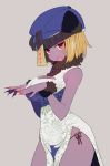  1girl bare_shoulders blonde_hair blue_headwear blush breasts brown_panties china_dress chinese_clothes cleavage_cutout commentary_request cowboy_shot dark_skin dress fangs fingernails floral_print fur_collar grey_background grey_dress hands_up hat highres jiangshi large_breasts lipstick looking_at_viewer makeup nail_polish ofuda ofuda_on_clothes open_mouth original panties pelvic_curtain purple_skin red_eyes red_lipstick red_nails sharp_fingernails sharp_teeth short_hair side-tie_panties side_slit simple_background solo sumiyao_(amam) talisman teeth underwear wristband 