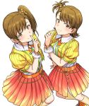  2girls bangs brown_eyes brown_hair closed_mouth dress_shirt eyebrows_visible_through_hair finger_to_mouth futami_ami futami_mami gradient_skirt highres idolmaster idolmaster_(classic) index_finger_raised kneehighs long_hair looking_at_viewer miniskirt multicolored multicolored_clothes multicolored_skirt multiple_girls neck_ribbon one_side_up orange_footwear orange_ribbon pleated_skirt red_skirt ribbon shiny shiny_hair shirt short_hair short_sleeves siblings side_ponytail simple_background sisters skirt smile standing tsurui white_background wrist_cuffs yellow_legwear yellow_shirt yellow_skirt 
