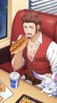  1boy 47_(479992103) beard belt blue_eyes brown_hair chest creature eating facial_hair fate/grand_order fate_(series) food fou_(fate/grand_order) highres hot_dog male_focus muscle napoleon_bonaparte_(fate/grand_order) pants pectorals scar sitting solo violet_eyes 
