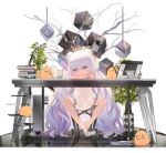  +_+ 1girl alternate_costume azur_lane bangs blue_eyes blush bow chair computer_tower cup double_bun dress drinking_straw eyebrows_visible_through_hair gradient_hair hair_between_eyes hair_bow head_on_arm high_heels kinven le_malin_(azur_lane) long_hair multicolored_hair official_art plant pointing pointing_at_viewer potted_plant pout purple_hair shoes sidelocks single_shoe sitting sweat table transparent_background very_long_hair white_dress white_footwear white_hair 