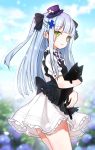  1girl animal animal_hug apron bangs black_apron black_bow black_cat blue_hair blue_sky blurry blurry_background blush bow cat commentary_request day depth_of_field dress eyebrows_visible_through_hair girls_frontline goyain green_eyes hair_bow hair_ornament hat highres hk416_(girls_frontline) long_hair mini_hat one_side_up outdoors plaid plaid_bow pleated_dress purple_bow purple_headwear sky solo tilted_headwear very_long_hair white_dress 