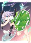  1girl absurdres alternate_weapon arm_across_chest arms_up blue_background blue_eyes commentary_request dual_wielding energy energy_sword expressionless feet_out_of_frame folded_leg furrowed_eyebrows gradient gradient_background green_skirt green_vest gunjou_row hair_ribbon highres holding konpaku_youmu konpaku_youmu_(ghost) lavender_hair leaning_forward looking_at_viewer pink_background ribbon serious shirt short_hair short_sleeves skirt solo sword touhou vest weapon white_shirt 