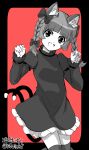 1girl :d animal_ears bangs blunt_bangs bow braid cat_ears cat_tail dress eyebrows_visible_through_hair fang frilled_dress frills gotou_eight hair_bow hands_up happy highres kaenbyou_rin long_sleeves looking_at_viewer monochrome multiple_tails nekomata open_mouth paw_pose puffy_sleeves red_background smile solo tail touhou twin_braids 