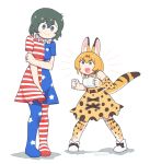  2girls american_flag american_flag_dress american_flag_legwear animal_ears artist_name bangs bare_shoulders blonde_hair blouse blue_eyes bow bowtie cat_ears clenched_hands clownpiece clownpiece_(cosplay) commentary commission cosplay covering covering_crotch dress elbow_gloves embarrassed english_commentary extra_ears eyebrows_visible_through_hair gloves hair_between_eyes high-waist_skirt highres kaban_(kemono_friends) kemono_friends multiple_girls open_mouth pantyhose serval_(kemono_friends) serval_ears serval_print serval_tail skirt smile sweat tail touhou twitter_username vibrantrida white_background yellow_eyes 