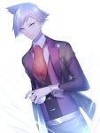  1boy blank_stare brooch cravat expressionless formal grey_eyes holding jewelry male_focus miyamotokannn poke_ball pokemon pokemon_(game) ring short_hair silver_hair solo tsuwabuki_daigo waistcoat wind wind_lift 