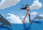  1girl aqua_eyes belly_chain black_hair clouds commentary commentary_request crossed_arms dolphin flip-flops hair_ornament jewelry jumping long_hair midriff nadeara_bukichi on_water pokemon pokemon_(game) pokemon_swsh rooster_tail rurina_(pokemon) sandals short_shorts shorts sketch skimming sky sports_bra spray standing water water_surface 