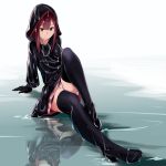  1girl black_gloves black_legwear boots coat gloves japanese_clothes kamikaze_(kantai_collection) kantai_collection latex latex_gloves latex_legwear long_hair panties rain raincoat redhead sitting skirt smile thigh-highs thigh_boots thighs underwear vi3r6ein 