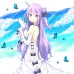  1girl ahoge animal azur_lane bare_shoulders black_bow black_ribbon blue_sky blush bow breasts bug butterfly closed_mouth clouds cloudy_sky commentary day dress elbow_gloves gloves hair_bun hair_ribbon heart insect long_hair one_side_up purple_hair ribbon rocm_(nkkf3785) side_bun sky sleeveless sleeveless_dress small_breasts smile solo stuffed_alicorn stuffed_animal stuffed_toy twitter_username unicorn_(azur_lane) very_long_hair violet_eyes white_dress white_gloves 