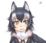  1girl animal_ear_fluff animal_ears bangs black_hair black_jacket blue_eyes commentary fur_collar grey_hair grey_wolf_(kemono_friends) hair_between_eyes heterochromia highres jacket kemono_friends long_hair looking_away multicolored_hair necktie parted_lips portrait signature simple_background smile solo thin_(suzuneya) two-tone_hair white_background wolf_ears yellow_eyes 