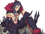  1boy arm_tattoo armor black_gloves blue_hair character_request chest_tattoo collarbone commentary_request cu_chulainn_alter_(fate/grand_order) facial_mark fate/grand_order fate_(series) fur_trim gloves grin hair_between_eyes hood hood_up lancer looking_at_viewer male_focus muscle red_eyes shiseki_hirame simple_background sitting skull smile solo tattoo weapon white_background 