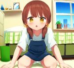  1girl arm_support bed bedroom brown_eyes brown_hair dress hoshizora_ayase indoors kneeling leaning_forward long_hair looking_at_viewer low_twintails open_mouth original pillow plant potted_plant shelf shirt short_dress socks solo twintails white_footwear white_shirt window 