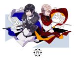  2boys :d belt black_gloves black_hair brown_eyes cape copyright_name dylan_the_island_king fur_trim gloves holding holding_sword holding_weapon light_brown_hair male_focus multiple_boys nh0402 open_mouth oscar_the_frozen_sea_admiral pixiv_fantasia pixiv_fantasia_last_saga red_cape red_gloves simple_background smile sword weapon white_cape 