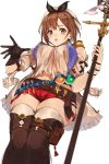  1girl atelier_(series) atelier_ryza belt blue_belt boots bridal_legwear brown_belt brown_gloves gloves hair_ornament hairclip highres jacket jewelry kamu_(kamuuei) leather leather_belt leather_gloves necklace red_shorts reisalin_stout round-bottom_flask short_shorts shorts shoulder_cutout single_glove sleeveless_jacket solo star star_necklace thighs toeless_boots vial white_headwear yellow_jacket 