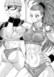  1boy 1girl abs ass bandaid bandaid_on_face blush breasts buruma captain_mizuki cowboy_shot earrings flexing glasses greyscale hand_on_hip helmet highres jewelry medal medium_breasts midriff monochrome mumen_rider muscle muscular_female navel one-punch_man pagong ponytail pose smile solo sports_bra sportswear tied_hair toned 