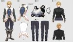  1boy armor_removed armored_boots black_shirt boots breastplate brown_footwear brown_gloves character_sheet ex_albio full_body gloves grey_background kei-suwabe long_sleeves male_focus multiple_views nijisanji pants shirt simple_background sketch standing vest 