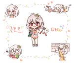  &gt;_&lt; apron bug cookie crying cup flower food fried_egg gloves hair_flower hair_ornament kokkoro_(princess_connect!) korean_text laundry o_o princess_connect! princess_connect!_re:dive red_eyes rubber_gloves sausage silver_hair smile spatula sweatdrop teacup tears tray 
