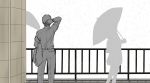  1boy arm_up commentary_request hand_behind_head highres holding holding_umbrella jacket jacket_removed kantai_collection monochrome pants railing rain rakisuto shirt short_sleeves silhouette solo_focus standing umbrella watch watch 