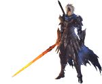  1boy armor blue_cape cape closed_mouth face_mask full_armor full_body grey_eyes grey_hair highres looking_at_viewer mask official_art one_eye_covered pauldrons plate_armor solo sword tales_of_(series) tales_of_arise transparent_background weapon 