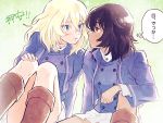  2girls andou_(girls_und_panzer) bangs bc_freedom_military_uniform black_hair blonde_hair blue_eyes blue_jacket blue_vest boots brown_eyes character_name dark_skin face-to-face girls_und_panzer green_background hand_on_own_knee high_collar jacket long_sleeves looking_at_another medium_hair messy_hair multiple_girls oshida_(girls_und_panzer) pleated_skirt simple_background sitting skirt thighs vest white_skirt yoruha_neru yuri 