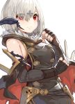  1girl akizone au_ra black_gloves breasts commentary cross detached_sleeves dress eyebrows_visible_through_hair eyes_visible_through_hair final_fantasy final_fantasy_xiv fur gloves horns looking_at_viewer medium_breasts red_eyes scales simple_background solo striped white_background white_hair 