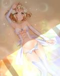  1girl arm_up bare_shoulders boots breasts brown_eyes brown_hair choker elbow_gloves flower gloves hair_flower hair_ornament highres jewelry lingerie lowleg lowleg_panties midriff navel necklace nyanmaru panties pearl_necklace scar senki_zesshou_symphogear short_hair solo tachibana_hibiki_(symphogear) thigh-highs thigh_boots under_boob underwear white_gloves white_legwear 