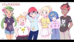  3boys 3girls alolan_exeggutor blonde_hair blue_eyes blue_hair dark_skin dark_skinned_male green_eyes green_hair highres kaki_(pokemon) lillie_(pokemon) mamane_(pokemon) mallow_(pokemon) mei_(maysroom) multiple_boys multiple_girls pikachu pokemon pokemon_(anime) pokemon_sm_(anime) satoshi_(pokemon) shirt shorts suiren_(pokemon) t-shirt 