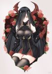  1girl artist_request azur_lane bangs bare_shoulders black_hair black_legwear breasts closed_mouth collarbone commentary_request covered_navel dated eyebrows_visible_through_hair flower friedrich_der_grosse_(azur_lane) gloves grey_background hair_over_one_eye highres holding holding_flower large_breasts long_hair looking_at_viewer red_flower red_gloves red_horns red_rose rose signature simple_background sitting smile solo thigh-highs thighs very_long_hair yellow_eyes 