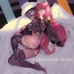  1girl ass black_legwear bodysuit fate/grand_order fate_(series) feet grandialee highres long_hair looking_at_viewer purple_hair scathach_(fate)_(all) scathach_(fate/grand_order) solo thigh-highs very_long_hair violet_eyes 