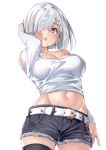  1girl alternate_costume arm_at_side bare_shoulders belt blue_eyes breasts collar commentary_request contemporary contrapposto denim denim_shorts ebifurya from_below groin hair_flip hair_ornament hair_over_one_eye hairclip hamakaze_(kantai_collection) highres impossible_clothes impossible_shirt kantai_collection large_breasts looking_to_the_side navel off_shoulder shirt short_hair shorts silver_hair solo thigh-highs thighs white_background white_belt white_shirt 