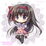  1girl bangs bell black_footwear black_hair black_legwear blush bow breasts character_name chibi closed_mouth commentary_request crossed_arms eyebrows_visible_through_hair frilled_skirt frills hair_between_eyes hair_bow hairband happy_birthday high-waist_skirt jingle_bell long_hair looking_at_viewer magical_charming! medium_breasts one_side_up pantyhose pink_skirt pleated_skirt puffy_short_sleeves puffy_sleeves purple_bow red_bow red_hairband ryuuka_sane shirakano_himeyuri shirt shoes short_sleeves skirt solo standing standing_on_one_leg star twitter_username very_long_hair violet_eyes white_background white_shirt 