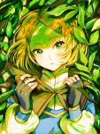  1girl 43_pon bangs black_gloves blonde_hair braid cape crown_braid fingerless_gloves gloves green_eyes hair_ornament hairclip hands_up highres leaf open_mouth parted_bangs plant princess_zelda short_hair solo the_legend_of_zelda the_legend_of_zelda:_breath_of_the_wild the_legend_of_zelda:_breath_of_the_wild_2 thick_eyebrows 