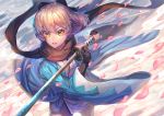  1girl ahoge black_bow black_scarf blonde_hair bow cherry_blossoms cowboy_shot fate_(series) green_eyes hair_between_eyes hair_bow haori highres holding holding_sword holding_weapon japanese_clothes katana kimono koha-ace okita_souji_(fate) okita_souji_(fate)_(all) open_mouth raymond_busujima scarf short_hair short_kimono solo standing sword v-shaped_eyebrows weapon white_kimono 