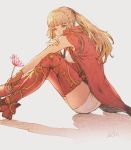  1girl armored_boots bangs blonde_hair blush boots breasts brown_gloves closed_mouth final_fantasy final_fantasy_xiv fingerless_gloves flower gloves hand_on_own_arm highres holding holding_flower kuroimori long_hair looking_at_viewer lyse_hext medium_breasts ponytail shadow shorts sitting sleeveless smile solo thigh-highs thigh_boots thighs white_shorts zettai_ryouiki 