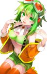 1girl :d absurdres breasts crop_top fingernails from_above goggles goggles_on_head green_eyes green_hair green_nails green_shirt green_shorts gumi happy highres jacket jacket_removed looking_at_viewer looking_up medium_breasts midriff navel open_mouth orange_jacket orange_legwear q-chiang seiza shirt short_hair short_hair_with_long_locks shorts simple_background sitting smile solo suspender_shorts suspenders teeth thigh-highs under_boob upper_teeth vocaloid white_background zettai_ryouiki 