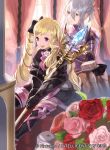  2girls armor bangs black_dress blonde_hair boots bow closed_mouth commentary_request company_connection copyright_name curtains day dress effie_(fire_emblem_fates) elise_(fire_emblem) fire_emblem fire_emblem_cipher fire_emblem_fates flower gauntlets gloves green_eyes hair_bow holding indoors long_sleeves mayo_(becky2006) multiple_girls official_art open_mouth shiny shiny_hair short_dress smile staff thigh-highs thigh_boots tied_hair twintails violet_eyes white_hair window zettai_ryouiki 