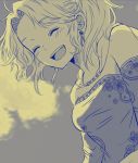  1girl breasts clouds earrings elbow_gloves final_fantasy final_fantasy_vi gloves ichi_(pixiv6373491) jewelry long_hair monochrome open_mouth ponytail smile solo tina_branford 