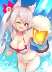  1girl alcohol animal_ears azur_lane beer bikini breasts fang hair_ornament highres large_breasts moneko1107 navel one_side_up red_eyes short_eyebrows silver_hair solo swimsuit tail thick_eyebrows wolf_ears wolf_girl wolf_tail yuudachi_(azur_lane) 
