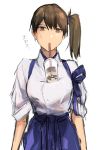  1girl brown_hair bubble_tea bubble_tea_challenge drinking_straw eyebrows_visible_through_hair fukazaki hair_ribbon hakama_skirt japanese_clothes kaga_(kantai_collection) kantai_collection long_hair ribbon side_ponytail 