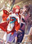  2girls arm_guards armor blue_legwear breastplate brown_eyes brown_hair cape commentary_request company_connection copyright_name elbow_gloves fire_emblem fire_emblem_cipher fire_emblem_fates gloves hairband hana_(fire_emblem) headband holding japanese_clothes long_hair long_sleeves mayo_(becky2006) multiple_girls official_art open_mouth petals red_eyes redhead sakura_(fire_emblem) shiny shiny_hair short_hair skirt sleeveless smile sparkle staff thigh-highs zettai_ryouiki 