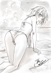  1girl ass bent_over bikini commentary_request eyebrows_visible_through_hair highres looking_at_viewer looking_back misaka_mikoto monochrome puma_(hyuma1219) short_hair solo swimsuit to_aru_kagaku_no_railgun to_aru_majutsu_no_index 