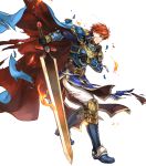  1boy arm_guards armor armored_boots belt black_gloves blue_eyes boots broken_armor cape closed_mouth eliwood_(fire_emblem) fire fire_emblem fire_emblem:_the_blazing_blade fire_emblem_heroes full_body gloves highres holding holding_sword holding_weapon jewelry long_sleeves male_focus official_art pants redhead scar shiny shiny_hair short_hair shoulder_armor solo sword tiara torn_cape torn_clothes transparent_background wada_sachiko weapon white_pants 