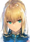  1girl ahoge artoria_pendragon_(all) bangs blonde_hair blue_dress blue_ribbon braid braided_bun closed_mouth commentary_request dress eyebrows_behind_hair eyelashes face fate/stay_night fate_(series) green_eyes hair_between_eyes hair_bun hair_ribbon highres jazztaki looking_at_viewer portrait ribbon saber shiny shiny_hair short_hair sidelocks signature simple_background smile solo white_background 