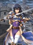  1girl aira_(fire_emblem) armor bangs belt black_hair breastplate company_name copyright_name dress fingerless_gloves fire_emblem fire_emblem:_seisen_no_keifu fire_emblem_cipher gloves holding holding_sword holding_weapon i-la long_hair purple_dress shiny shiny_hair shoulder_armor sword violet_eyes weapon 