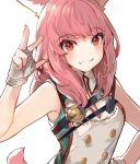  1girl akizone animal_ears bandages bangs bare_arms bare_shoulders blush breasts cat_ears eyebrows_visible_through_hair final_fantasy final_fantasy_xiv grin long_hair looking_at_viewer medium_breasts pink_hair red_eyes simple_background smile solo tail tail_request w white_background 